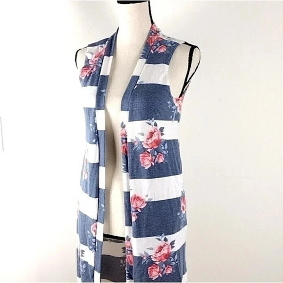 Amelia James Striped Floral Long Duster Sleeveless Boho Kimono with Pockets - Picture 5 of 10